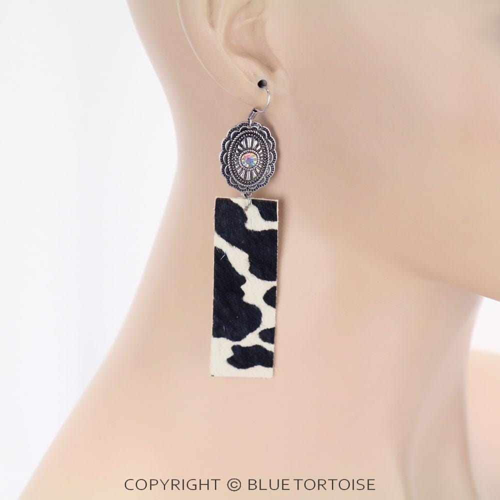 Rectangle Cow Leather with Concho Dangle Earrings