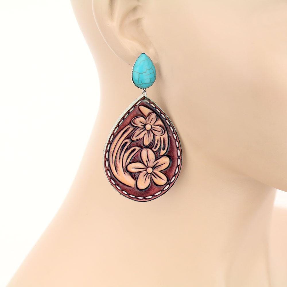 Floral Teardrop Leather Stud Earrings