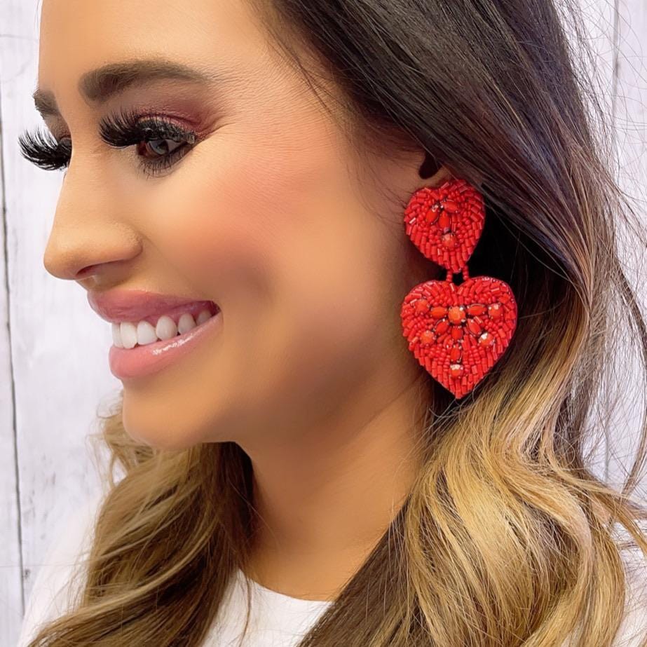 Double Red Heart Drop Earrings