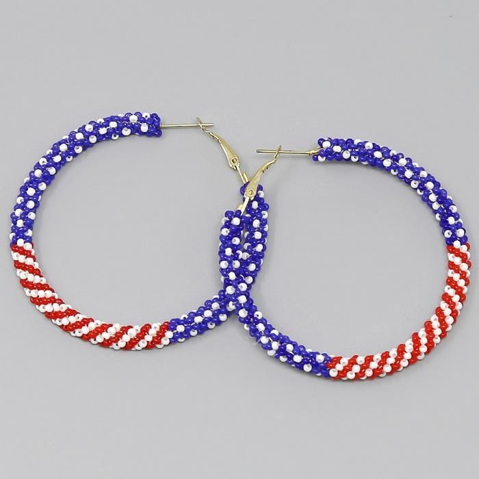 American Flag Patriotic Seed Beaded Hoop Earrings