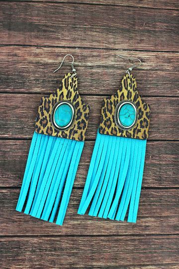 Turquoise & Leopard Wood Cattle Tag Blue Fringe Earrings