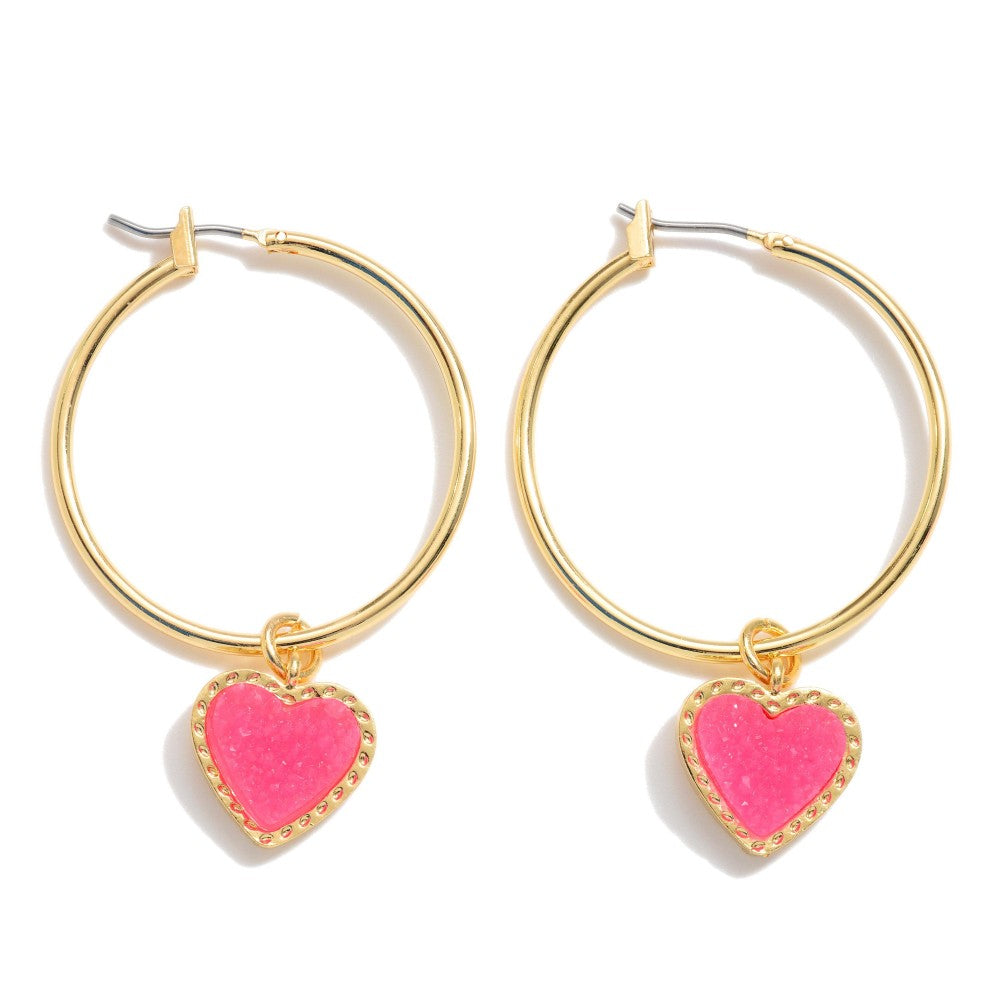 Druzy Heart Hoop Earrings in Gold