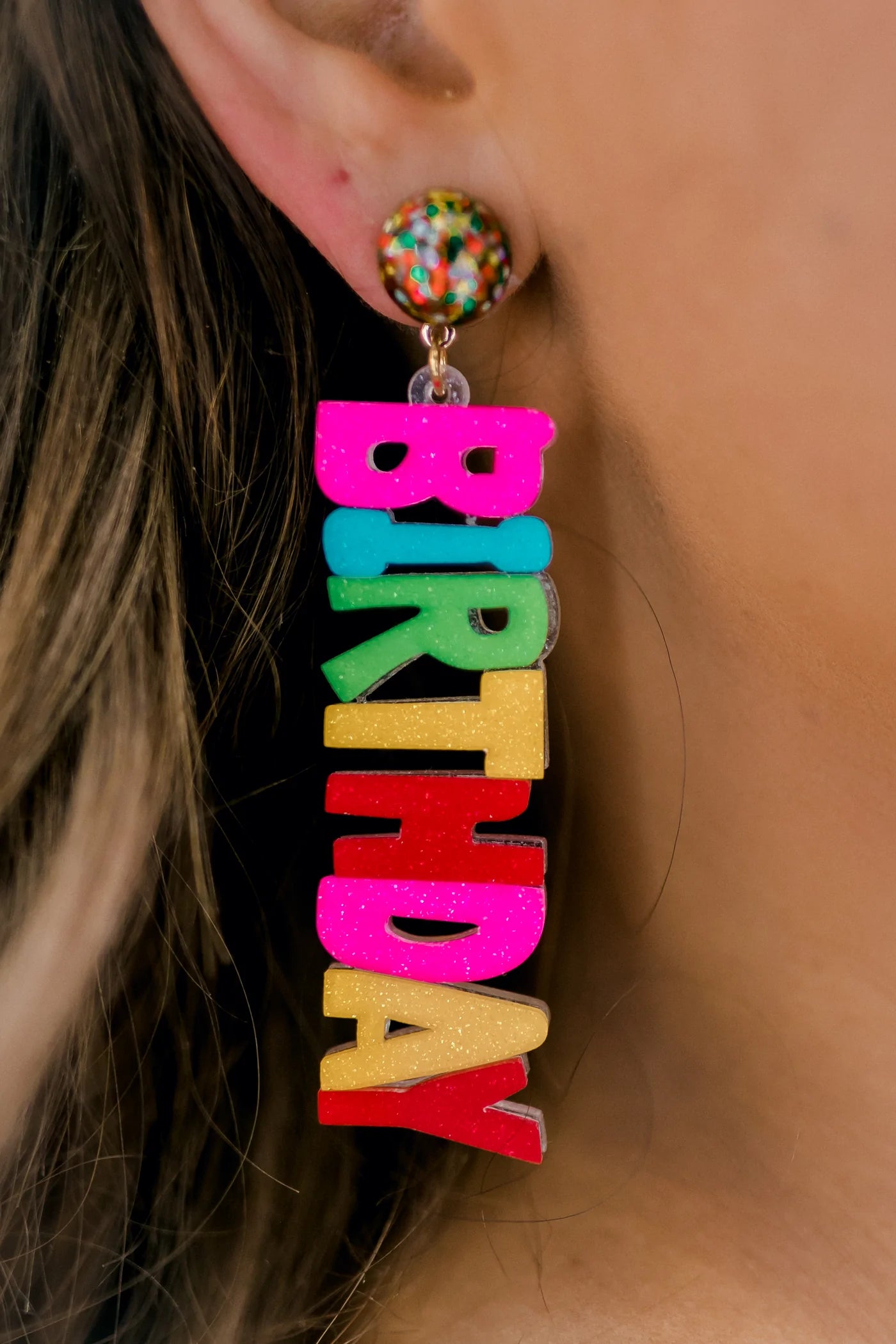 Glitter "Happy Birthday" Dangle Earrings