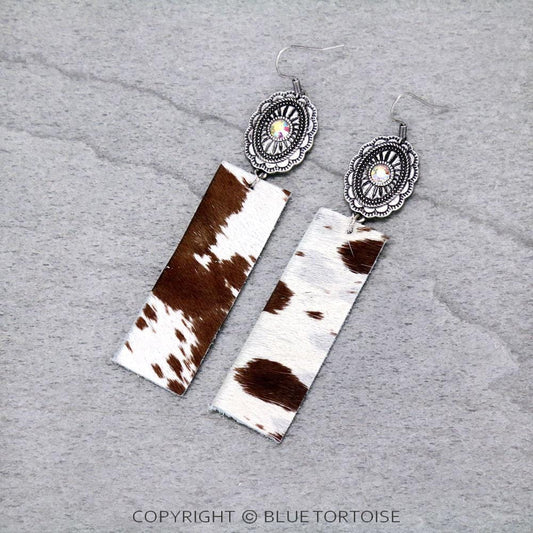 Rectangle Cow Leather with Concho Dangle Earrings