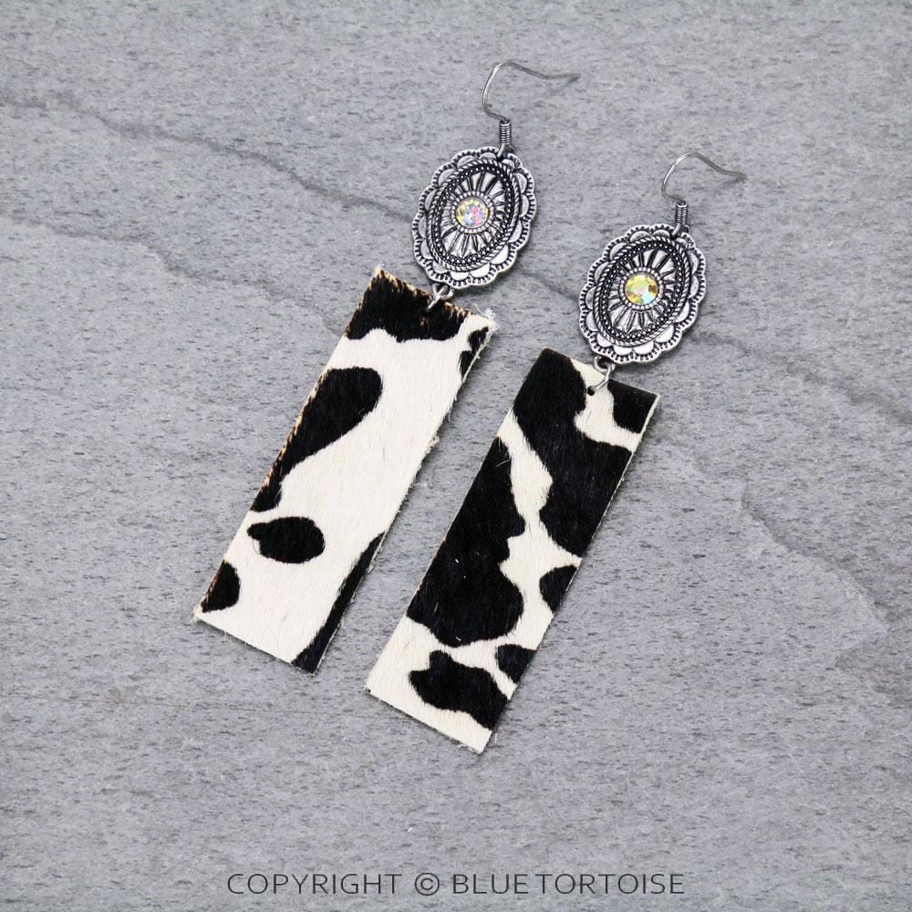Rectangle Cow Leather with Concho Dangle Earrings