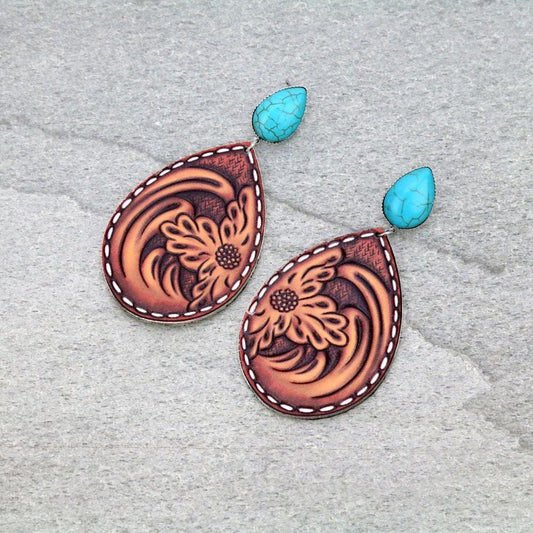 Wave Floral Teardrop Leather Stud Earrings