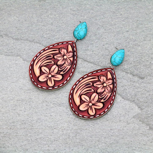 Floral Teardrop Leather Stud Earrings