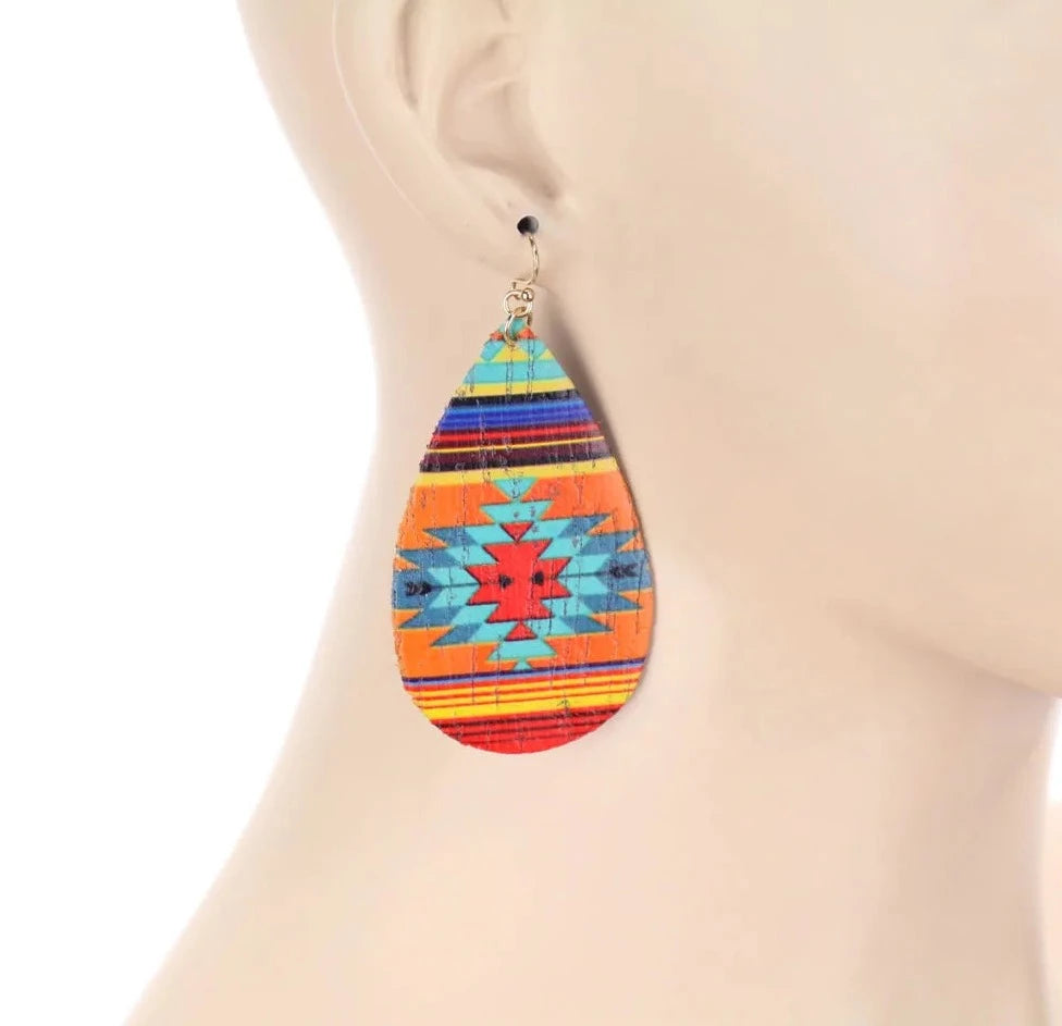 Aztec Teardrop Cork Dangle Earrings