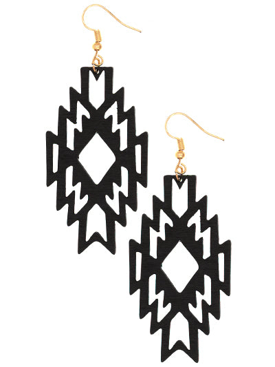 Aztec Cutout Wood Earrings - Black