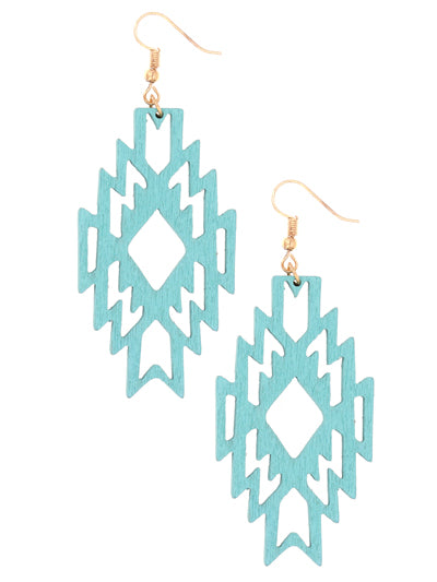 Aztec Cutout Wood Earrings - Turquoise