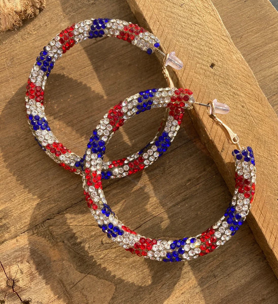 Red White and Blue Striped Rhinestone Hoop Earrings