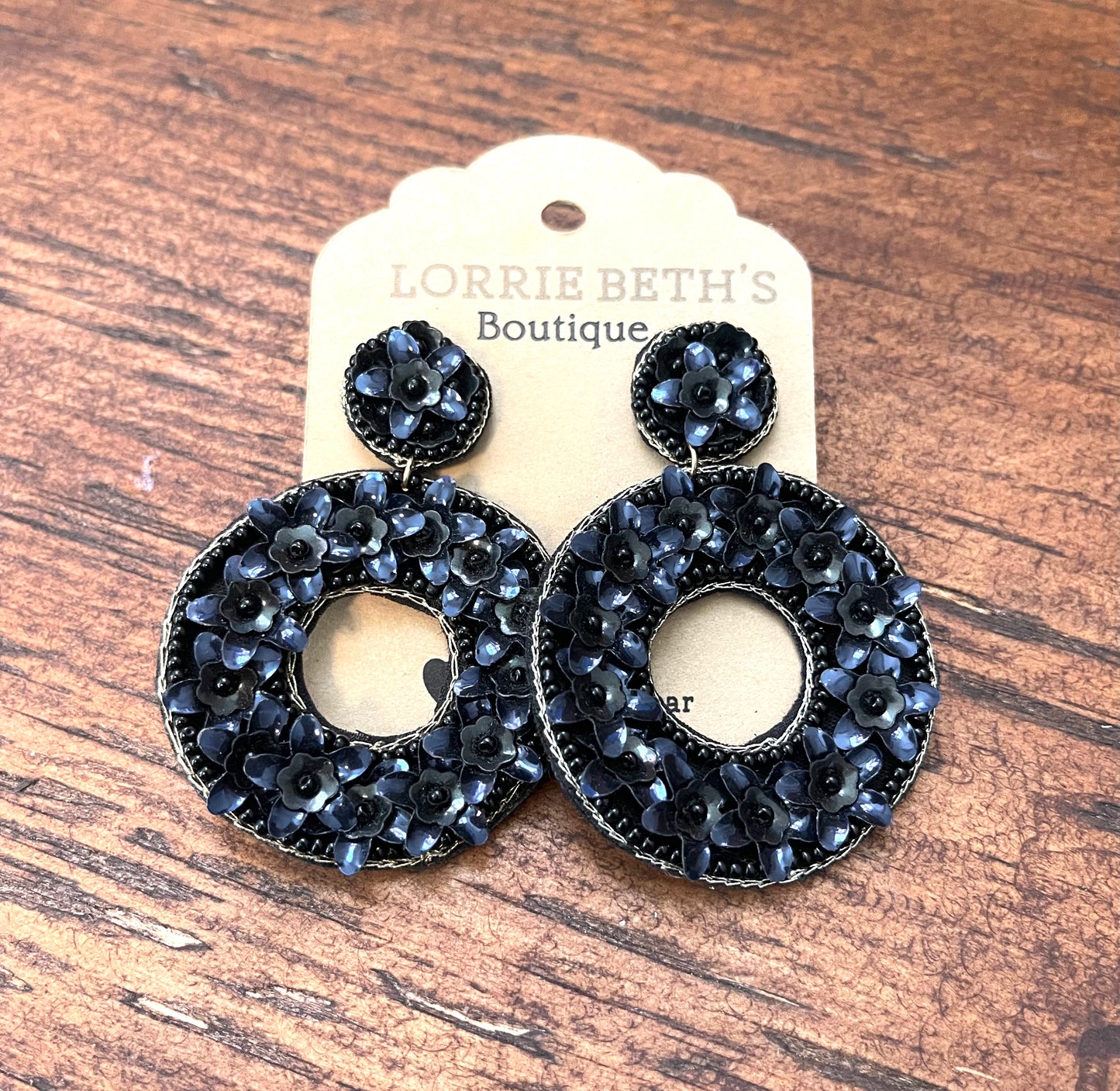 Sequin Flower Round Earrings - Black