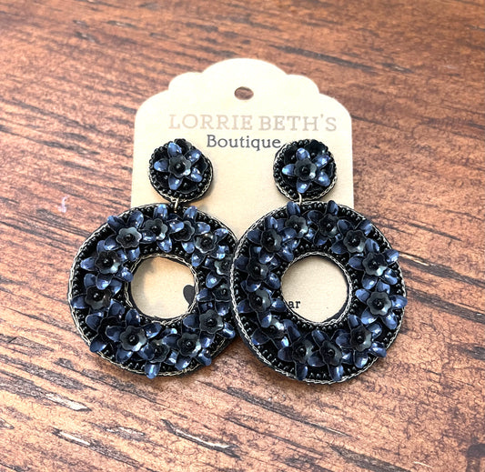 Sequin Flower Round Earrings - Black