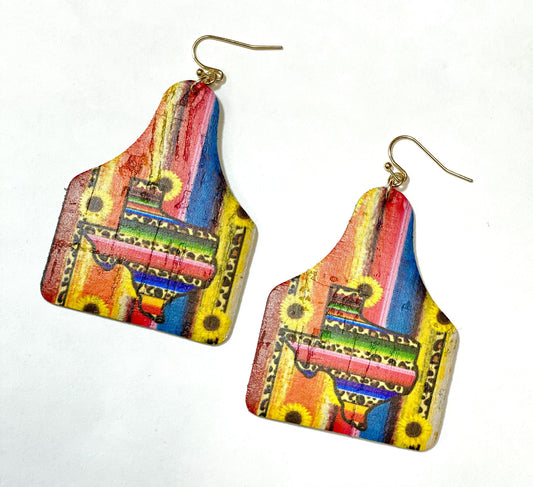 Maybelle Serape Texas Cow Tag Earrings