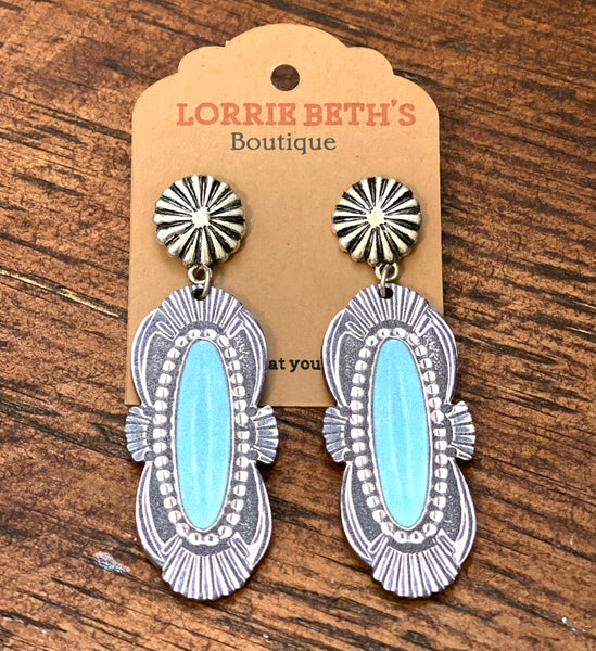 Silvertone Oval Concho and Silver Framed Turquoise Stone Print Wood Earrings